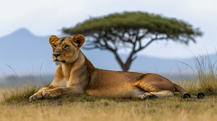 Obraz premium Lioness in Serene Savanna: A majestic lioness rests gracefully, her gaze fixed with regal composure, in a vast savanna landscape under the soft, diffused light of a tranquil day.