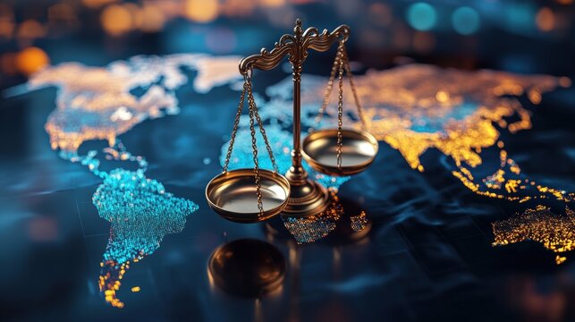 A golden balance scale stands on a world map highlighting continents with blue and orange lights, symbolizing global justice and equality.