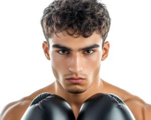 Intense young male boxer with curly hair focused on the camera, ready for a match with black boxing gloves in a professional training atmosphere