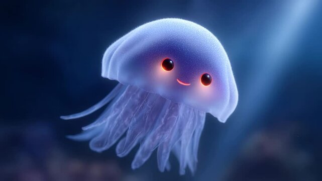 A cute bioluminescent jellyfish character with glowing eyes smiles in the deep blue ocean