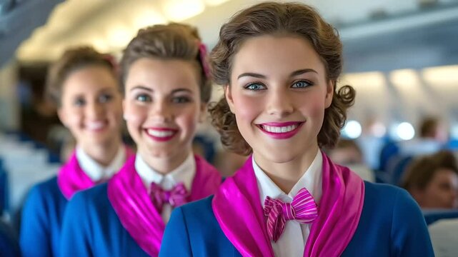 A vibrant image of three air hostesses lined up beside first-class seats, each with a unique hairstyle and confident smile, embodying global professionalism