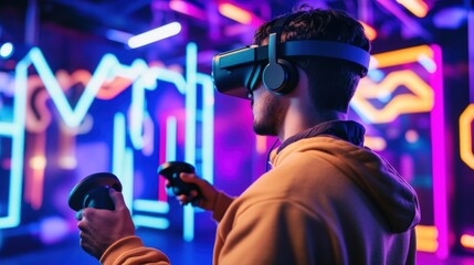 A person wearing a VR headset and headphones interacts with a virtual environment using handheld controllers amidst vibrant neon lights.
