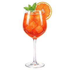 Refreshing summer drink in glass with ice and orange white background,Aperol Spritz Cocktail Vibrant Watercolor Illustration On Transparent Background 