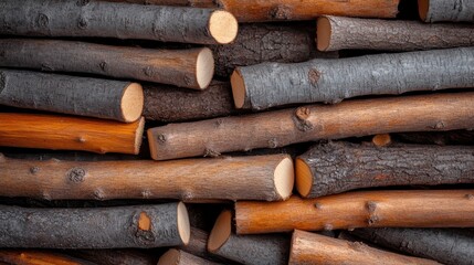 A well-arranged stack of logs exhibiting different shades and textures, ideal for representing nature's raw materials and rustic charm.