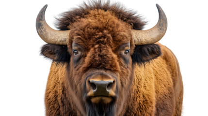 Majestic Bison Portrait: A close-up, eye-level shot captures the awe-inspiring presence of a bison, showcasing its textured fur, imposing horns, and direct gaze.