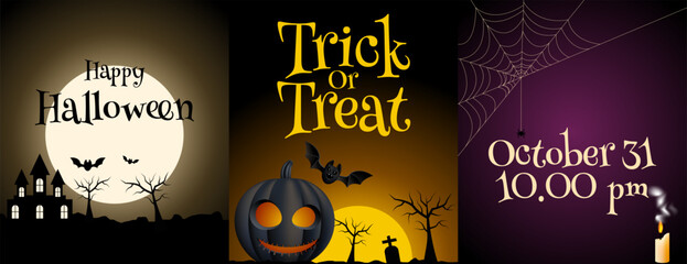 Halloween party invitation set with bats, pumpkins, and a spiderweb. Perfect for spooky Halloween party invitations or fallthemed events.