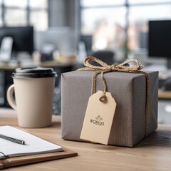 A gift box with Bonu tag sitting on an office desk