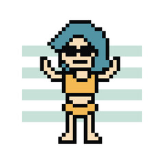 Obraz premium Pixel art cute cartoon two piece character woman bikini swimming suit game summer beach vacation decoration lifestyle female bikini 2 piece 8 bit holiday relax pixel art png 8bit vector.