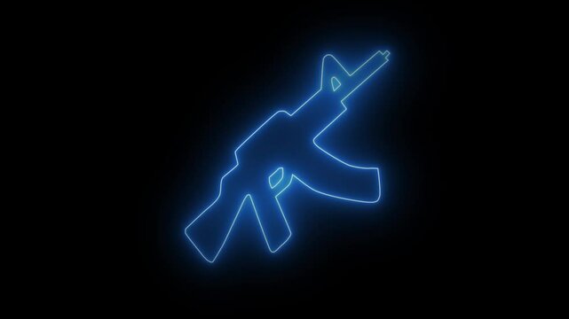 Glowing Neon Submachine Gun Icon Isolated, Symbol of Firearm and Tactical Weaponry, HD Video Motion Graphic Animation on Black Background