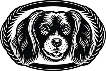 Detailed monochrome canine portrait within an oval badge displays a formal bow tie elegantly