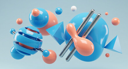 Abstract 3D shapes in pastel colors on a clean background. 