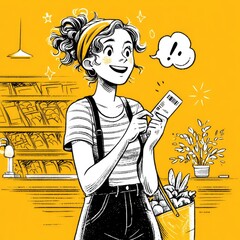 A happy customer using a coupon while shopping for groceries.