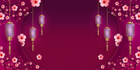 Chinese frame with oriental Asian elements on color background