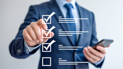 A professional business photo showing a person in a dark navy suit and blue tie interacting with a digital checklist interface