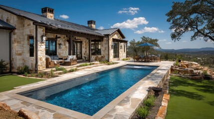 Fototapeta premium Modern luxury home with stunning outdoor swimming pool and beautiful landscape ideal for relaxation in serene natural surroundings under a bright blue sky