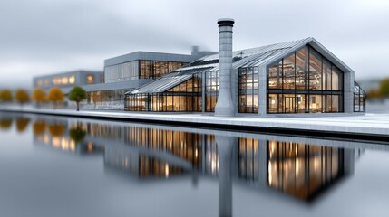 Obraz premium Modern Industrial Architecture: A contemporary industrial building with sleek glass and steel, set beside a tranquil waterway. The structure, showcasing a minimalist design and industrial aesthetic.