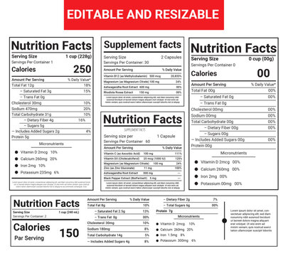 The template of Nutrition facts, supplement facts, nutrition label, nutrition list.