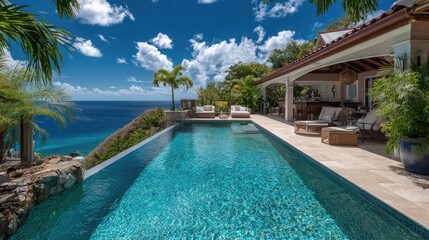 Fototapeta premium Exquisite Tropical Villa with Infinity Pool Overlooking the Ocean and Lush Greenery under a Bright Blue Sky with Fluffy Clouds