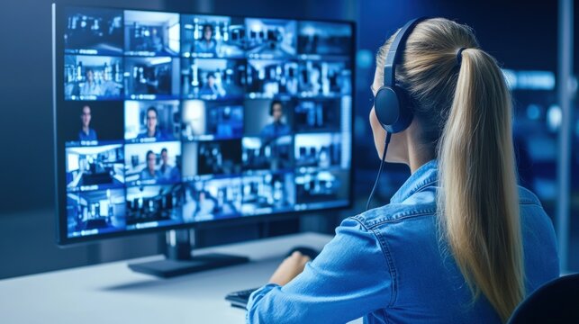 A person wearing headphones monitors multiple video calls or security feeds on a large screen in a dimly lit room. - Powered by Adobe