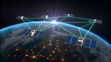 Deep Space 3D Photonic Satellite Array | Orbital Internet Constellation with Laser Links | Quantum Encryption & Solar Flare Proofing | Earth Orbit Background | Next-Gen Space Communication Render