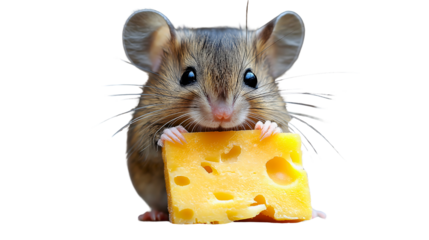 A Cheerful Mouse with a Golden Bite: A charming and delighted mouse joyfully clasps a generous square of delicious, golden cheese in its tiny paws.