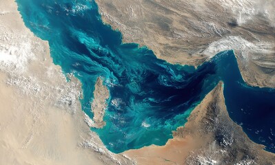 Satellite view of the Strait of Hormuz, a strategic maritime route for global oil trade in the Middle East, representing the concepts of energy, geopolitics, shipping, and economics.
