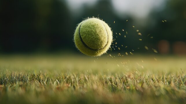 Close-up of a Tennis Ball Bouncing on Grass with Dust Particles Highlighting Dynamic Motion in a Natural Outdoor Setting