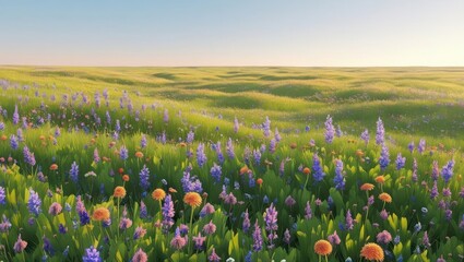 Obraz premium A vast field of wildflowers under a serene sky.