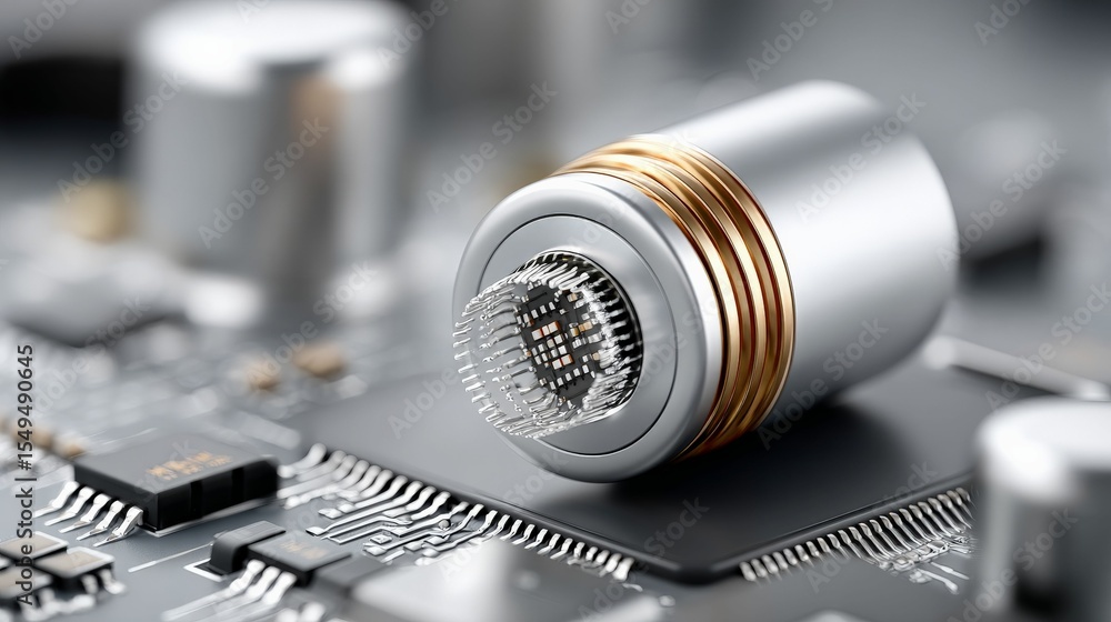 Poster modern electronic component on circuit board: a close-up shot showcases a sleek electronic component