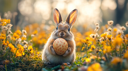 Fototapeta premium Cute bunny holding decorated Easter egg sitting among yellow wildflowers in soft natural light spring meadow close-up celebration holiday concept