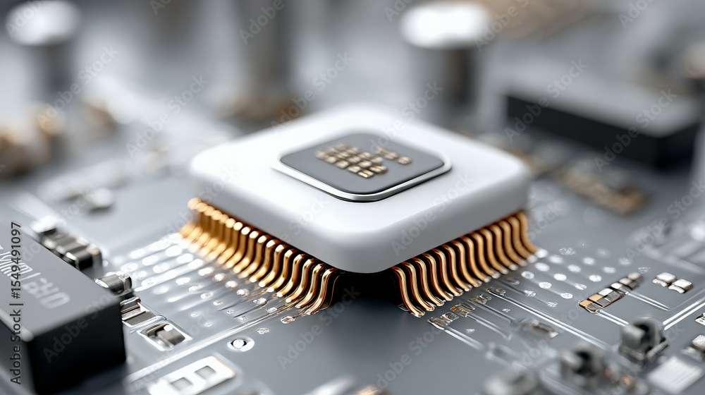 Poster cyber core: an intricately detailed microchip core rests at the heart of an electronic circuit, refl