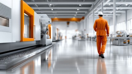 Factory worker walking: A lone worker in an orange jumpsuit walks through a modern and clean factory floor, with large industrial machines visible in the background.