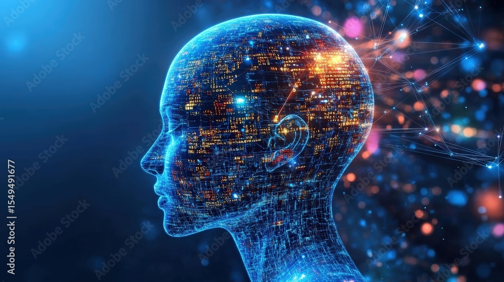 Aufkleber digital human head illuminated with network connections, symbolizing artificial intelligence and adv
