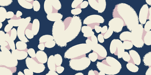 Floral seamless dark blue pattern with different abstract white cotton  flowers. Vector background, design, print