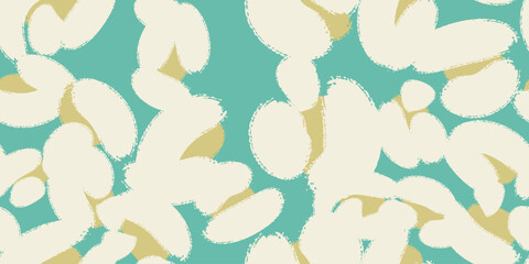 Floral seamless green pattern with different abstract white cotton  flowers. Vector background, design, print