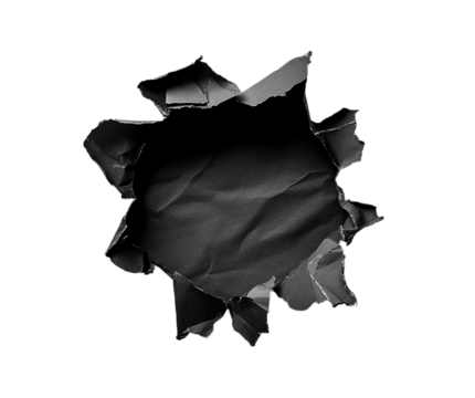 Torn paper with a hole revealing a black, cracked shape through the ripped design	