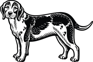 Stylized black dog standing with pointed ears looks forward in a detailed style