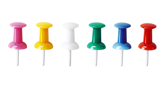 Collection of colorful push pins isolated on transparent background