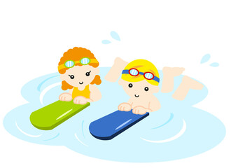 ビート板を使って泳ぐ白人の子どもたちのイラスト