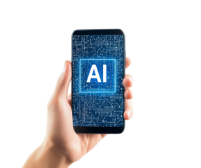 Hand Holding Smartphone with AI Technology Display Isolated on Transparent Background