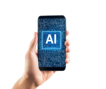 Hand Holding Smartphone with AI Technology Display Isolated on Transparent Background
