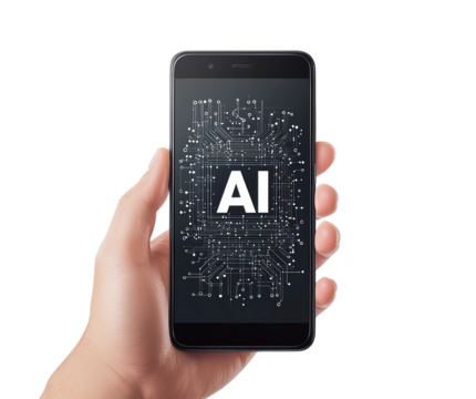 Hand Holding Smartphone with AI Technology Display Isolated on Transparent Background