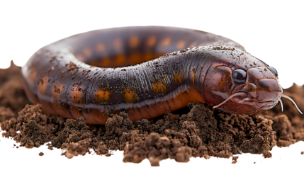 Ringed Creature of the Earth: A unique and mesmerizing earthworm-like creature coiled on dark, earthy soil. The details of its textured skin and piercing gaze create a sense of mystery and wonder.