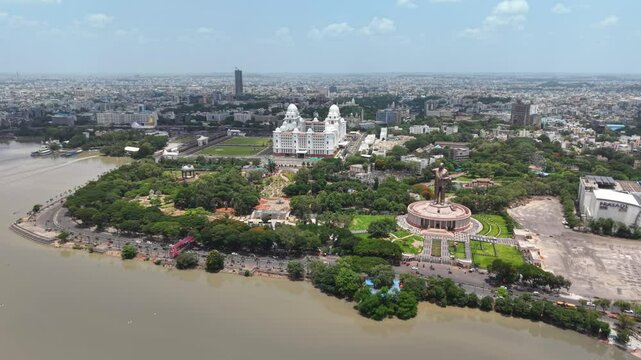 Hyderabad, India: Aerial view of monumetal Dr. B. R. Ambedkar Statue in capital and largest city of Indian state of Telangana - landscape panorama of South Asia from above
