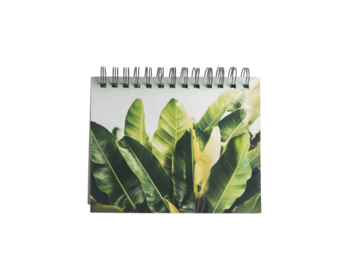 Small spiral-bound calendar featuring a close-up photo of lush tropical leaves