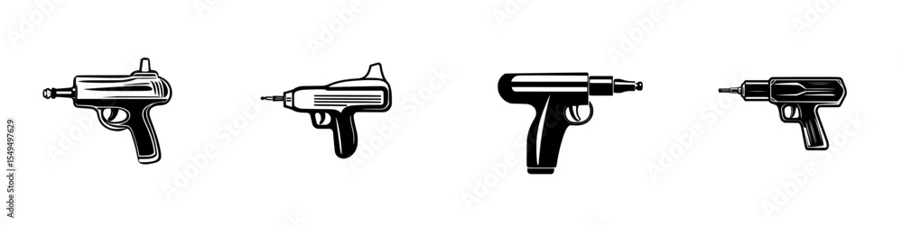 Poster set of black icons featuring various styles of toy and artistic guns in a minimalistic design