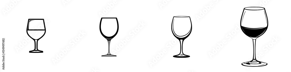 Poster set of black icons depicting different styles of wine glasses in varying levels of fullness on a pla