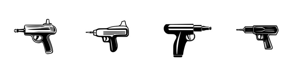 Set of black icons featuring various styles of toy and artistic guns in a minimalistic design