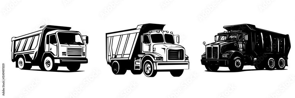 Poster black icons of three different dump trucks showcasing varied styles and sizes suitable for construct