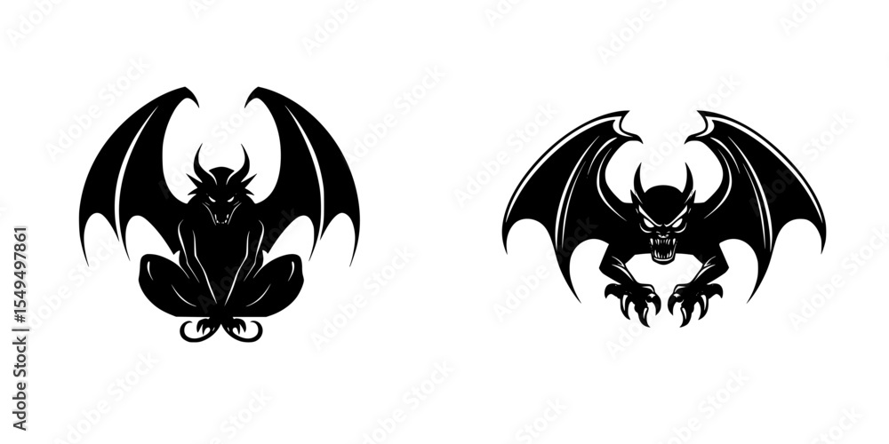 Aufkleber black icon designs featuring two distinct bat-like creatures with intricate wing structures and mena